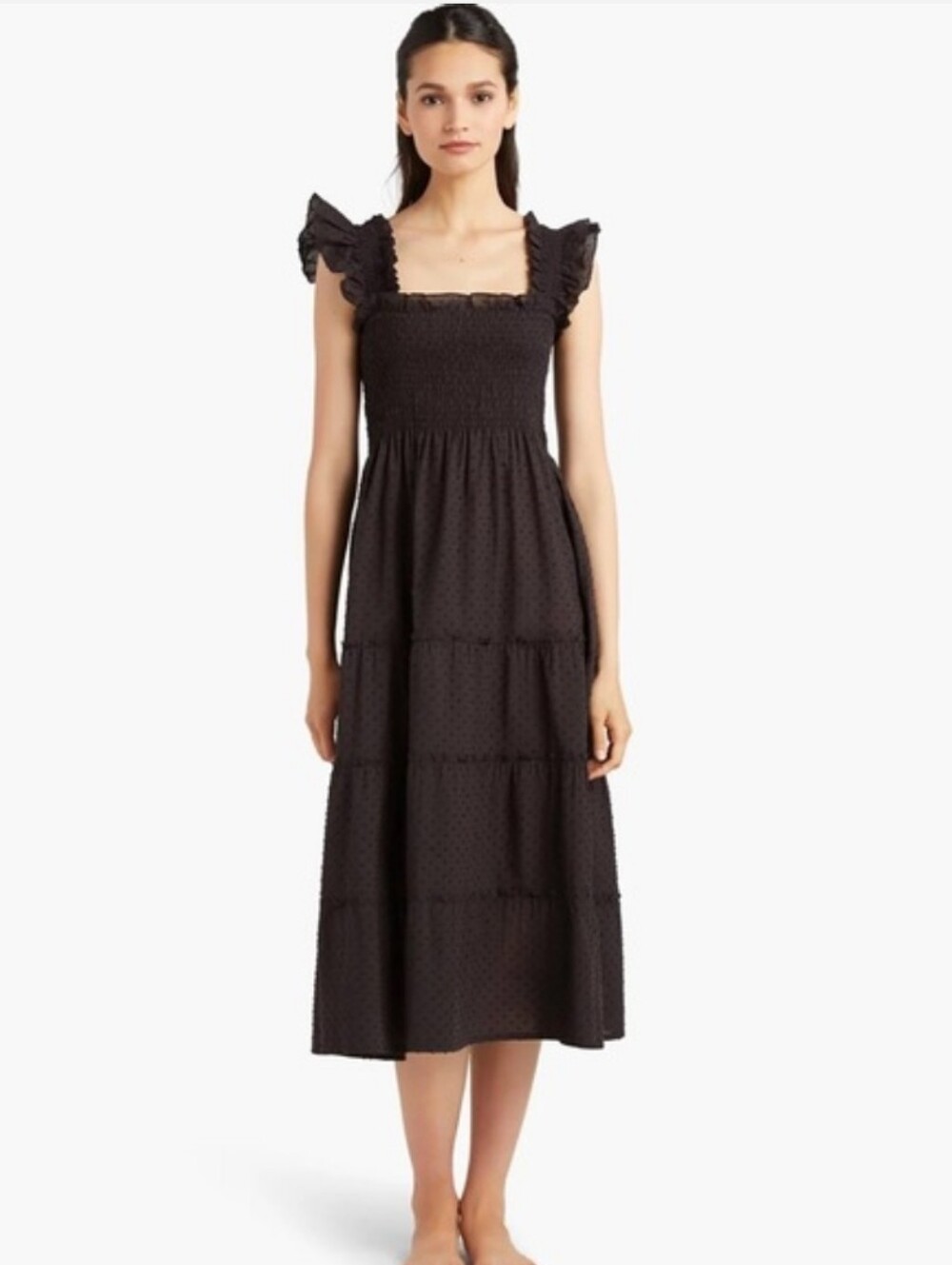 Hill House Home Ellie Nap Dress Black Swiss Dot Tiered Midi Cotton Ruffle Size S